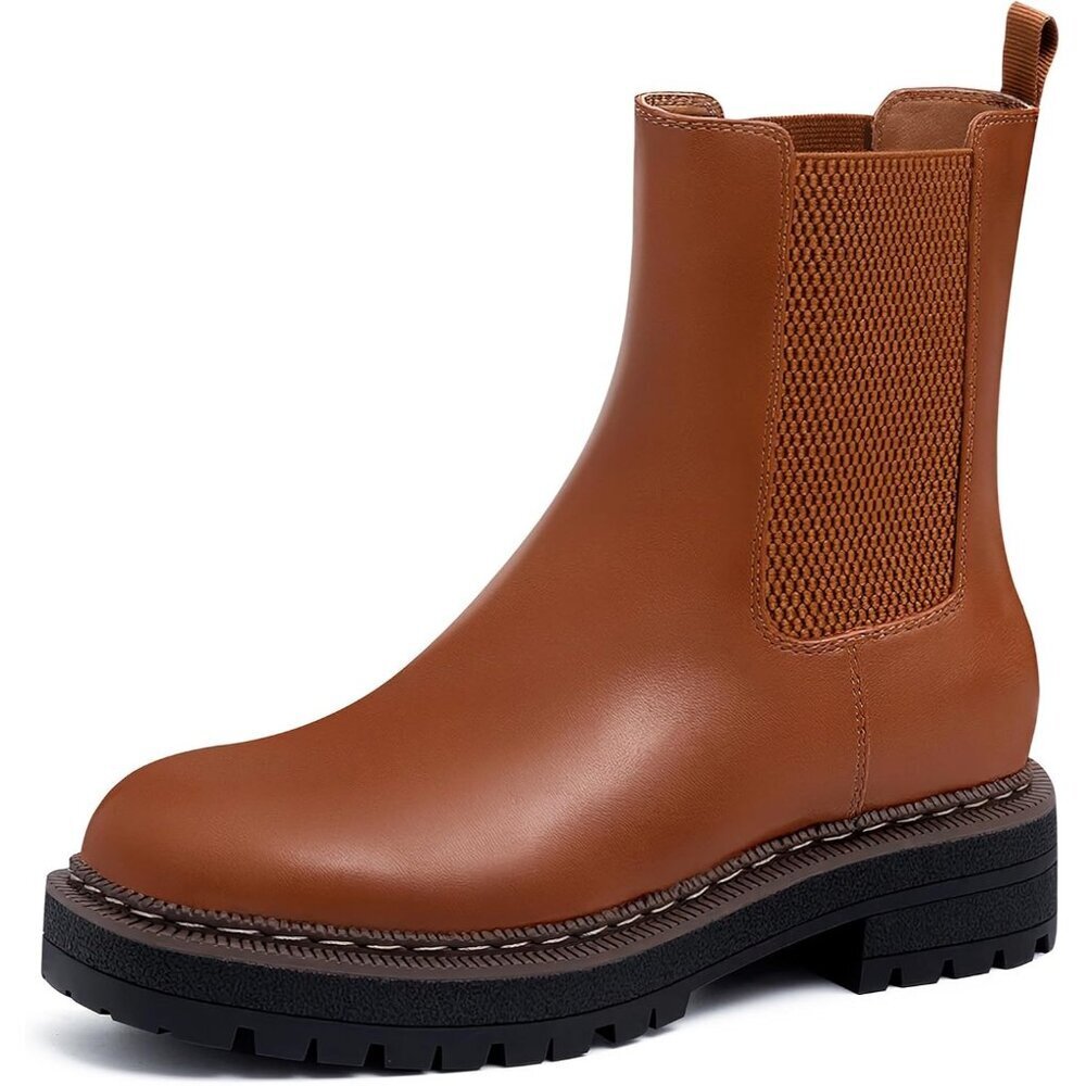 Athlefit Women Brown Chelsea Wedge Platform Slip on Lug Sole Elastic Ankle Boot